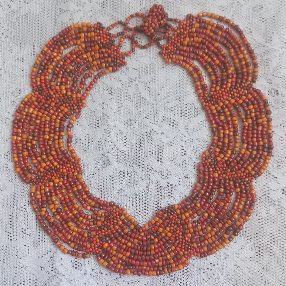 Handcrafted Beaded Necklace - Orange and Red